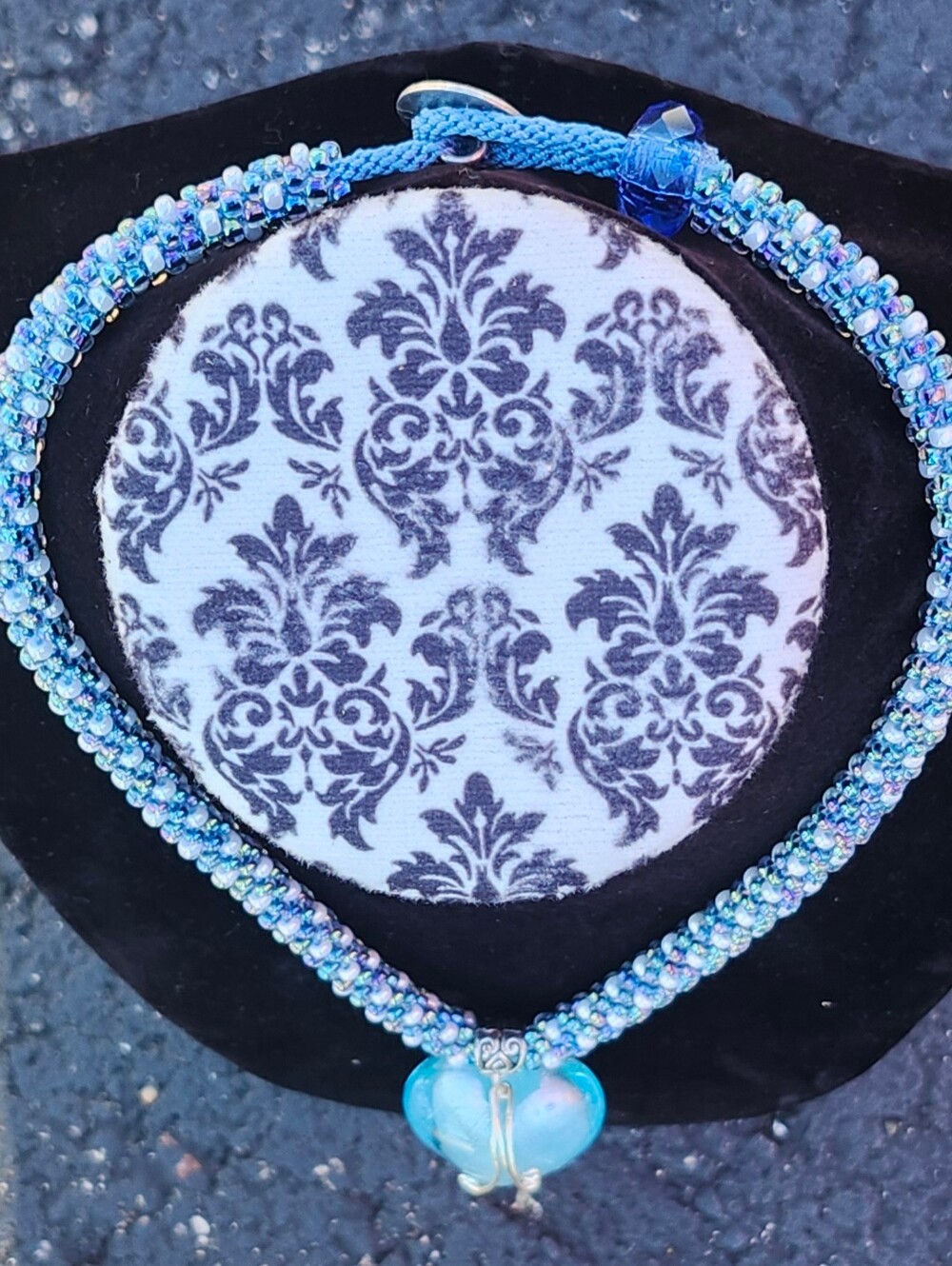 Blue Beaded Necklace with Heart Pendant